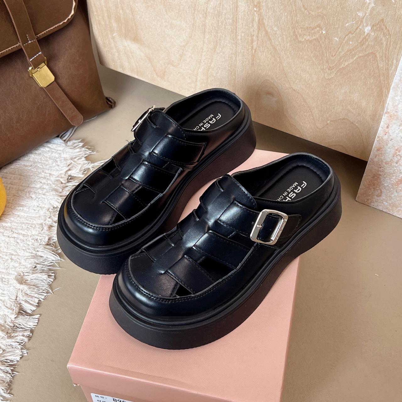 

Platform sandals women s summer outer wear new spring women s versatile woven hollow casual bag head shoes 36 чёрный