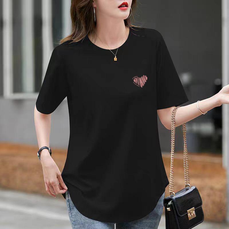 Curved Relaxed Fit Slim Base Blouse Pure Cotton White Mid-length Short-sleeved T-shirt for Womens Summer Latest Age-reducing Niche