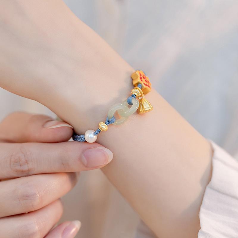 Ethnic Style Flower Lotus Jade Pearl Braided Bracelets Adjustable Woven Bracelet For Women  Jewelry Accessories