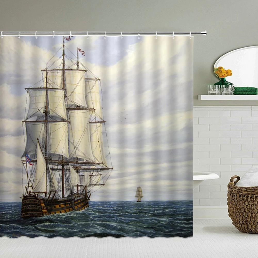 Sailboat Waterproof Bathroom Shower Curtains Sea Navigation Bath Curtains 3d Printing With Hooks 180*180cm Washable Cloth