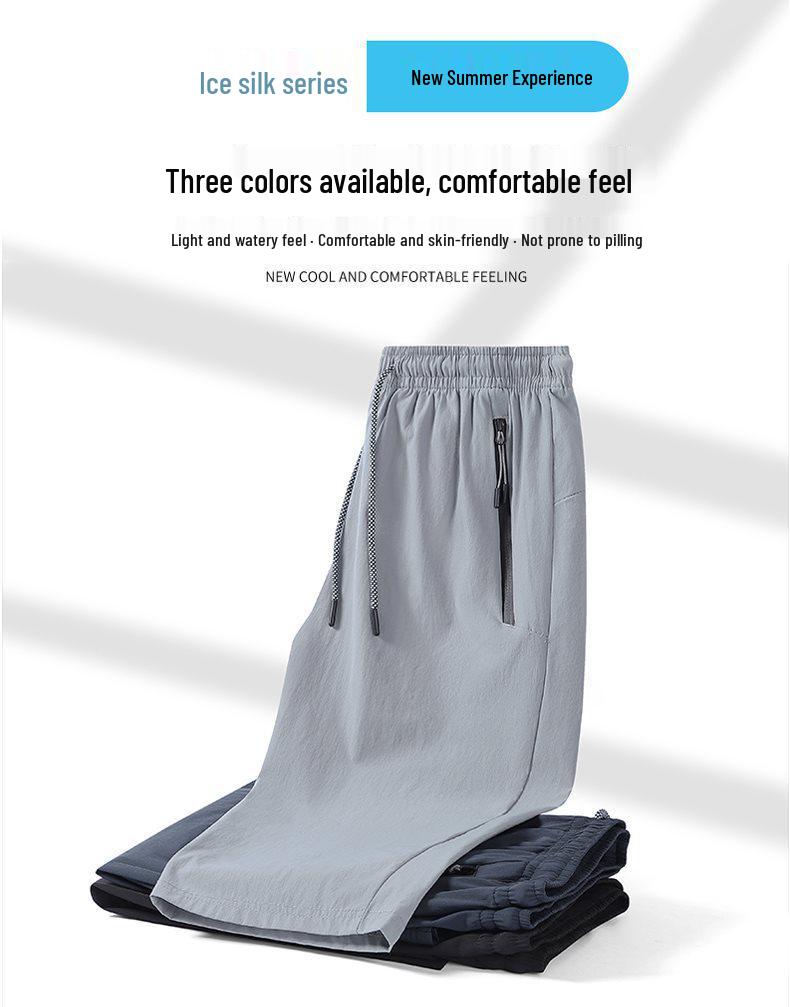 2026 Men's Summer Ice Silk Quick-Dry Loose Straight-Leg 7-Point Sports Trousers