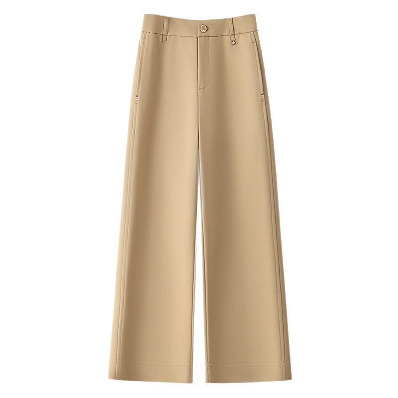 Khaki Women's Wide-Leg Pants – Spring/Autumn 2025: Draped, Nine-Point, Casual Straight-Leg Fit.