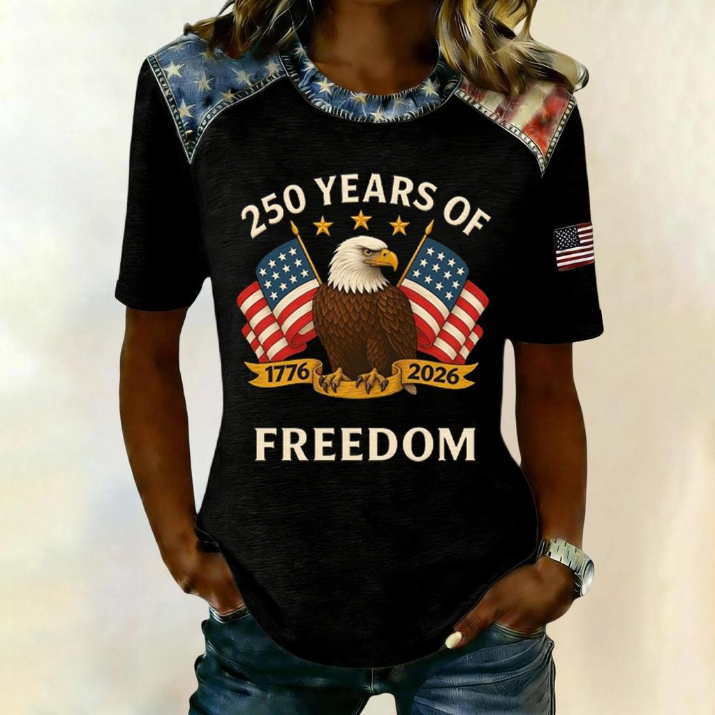 Women's Casual Short Sleeve T Shirt 250 Years of Freedom Patriotic Graphic Tee with Eagle and Flag Print Comfortable Fit
