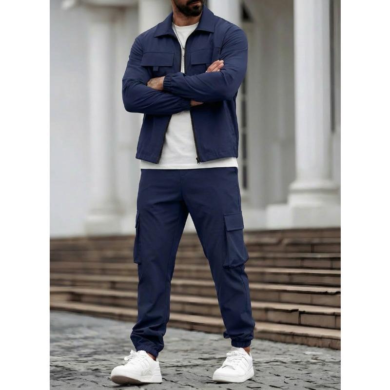 Herren S Einfarbig Langarm Jacke Hose Mehrere Taschen Lässig Arbeitskleidung Zweiteiliges Set