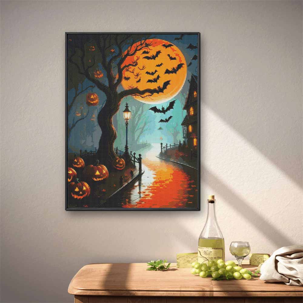 5D Diamond Painting Kit Halloween Moon Tree Pumpkin Bats Pattern DIY Rhinestone Art Canvas Relaxing Craft for Wall Decor Gift
