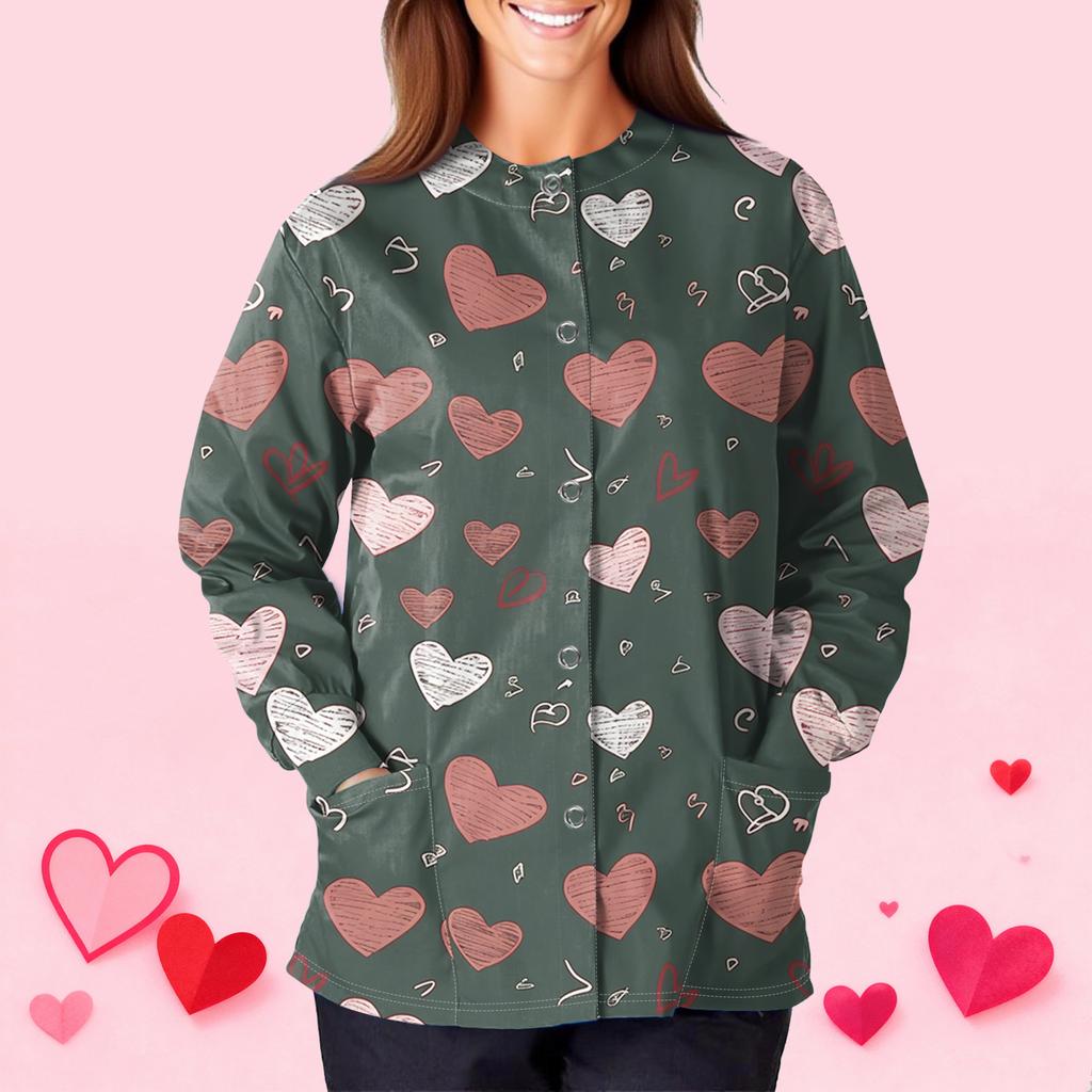 Women's Casual Fashion Long Sleeve Standing Collar Single Breasted Valentine's Day Print Workwear Jacket Tops