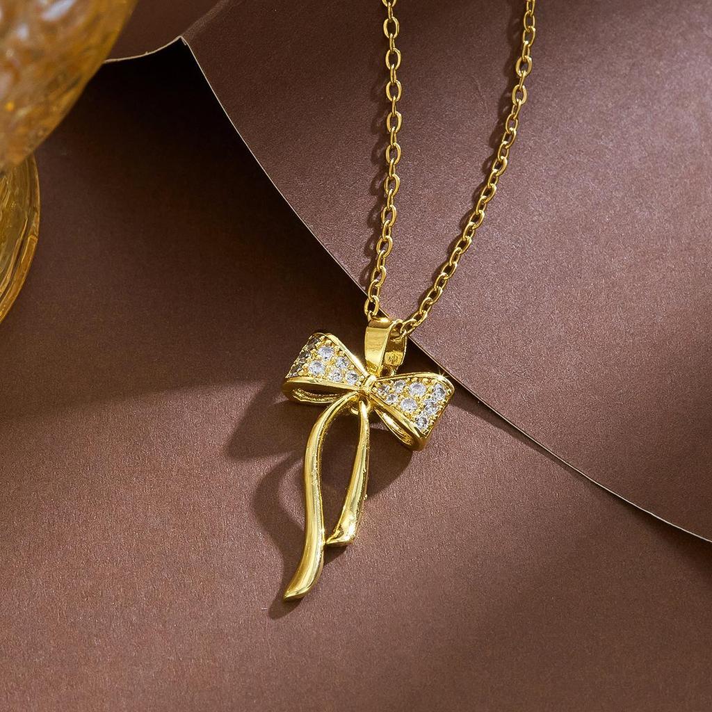 French Rhinestone Bow Necklace: Women's Stylish Niche Design, Shiny Versatile Clavicle Chain