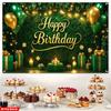 2D "Happy Birthday" Greenery Backdrop, Gold Text with Balloon & Gift Box Photography Background