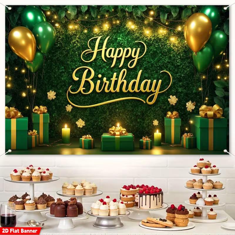 2D "Happy Birthday" Greenery Backdrop, Gold Text with Balloon & Gift Box Photography Background