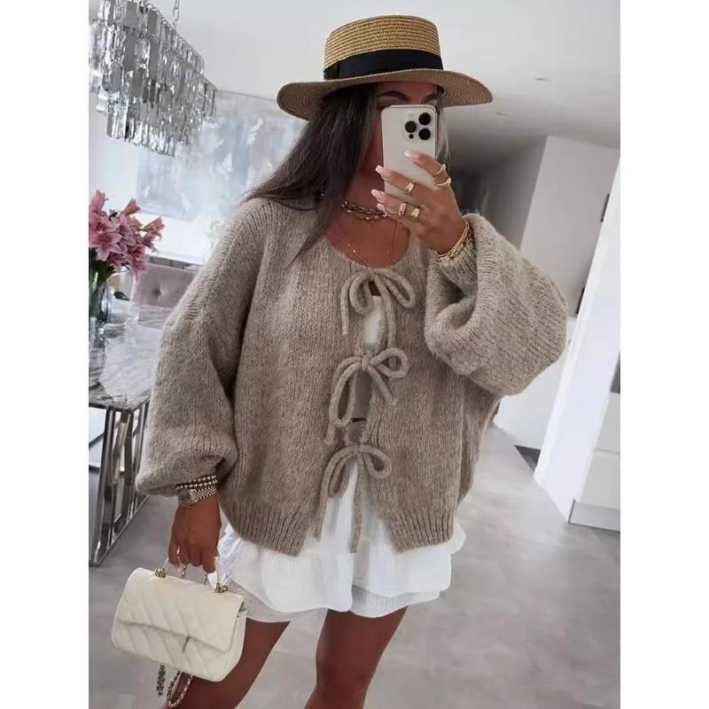 Solid Color O-neck Lace-up Knitted Cardigan Women Autumn Winter Streetwear Casual Simplicity Sweater Coats