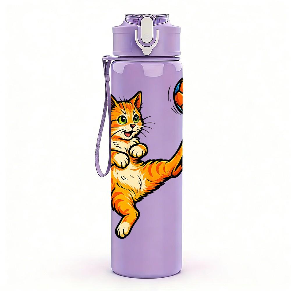 1PC Tabby Cat Playing Soccer Print 750ml Color Plastic Sports Water Bottle Leakproof Flip Straw Lid Suitable for Sports Office Home Use