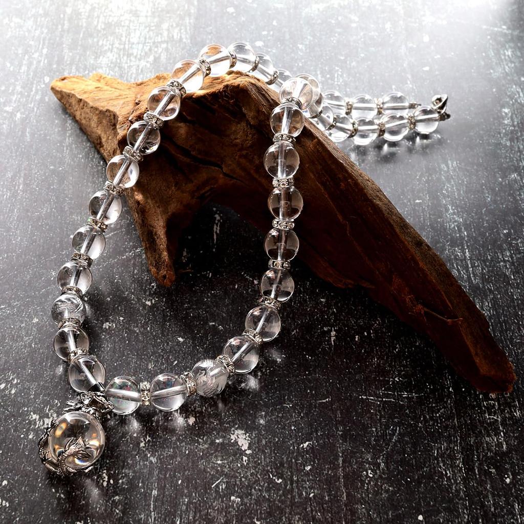 [Seki-Ki] Shining Emperor Dragon Crystal Pendant 4A Silver Carved Emperor Dragon Crystal 12mm Silver Rondelle Prayer Beads Necklace 249