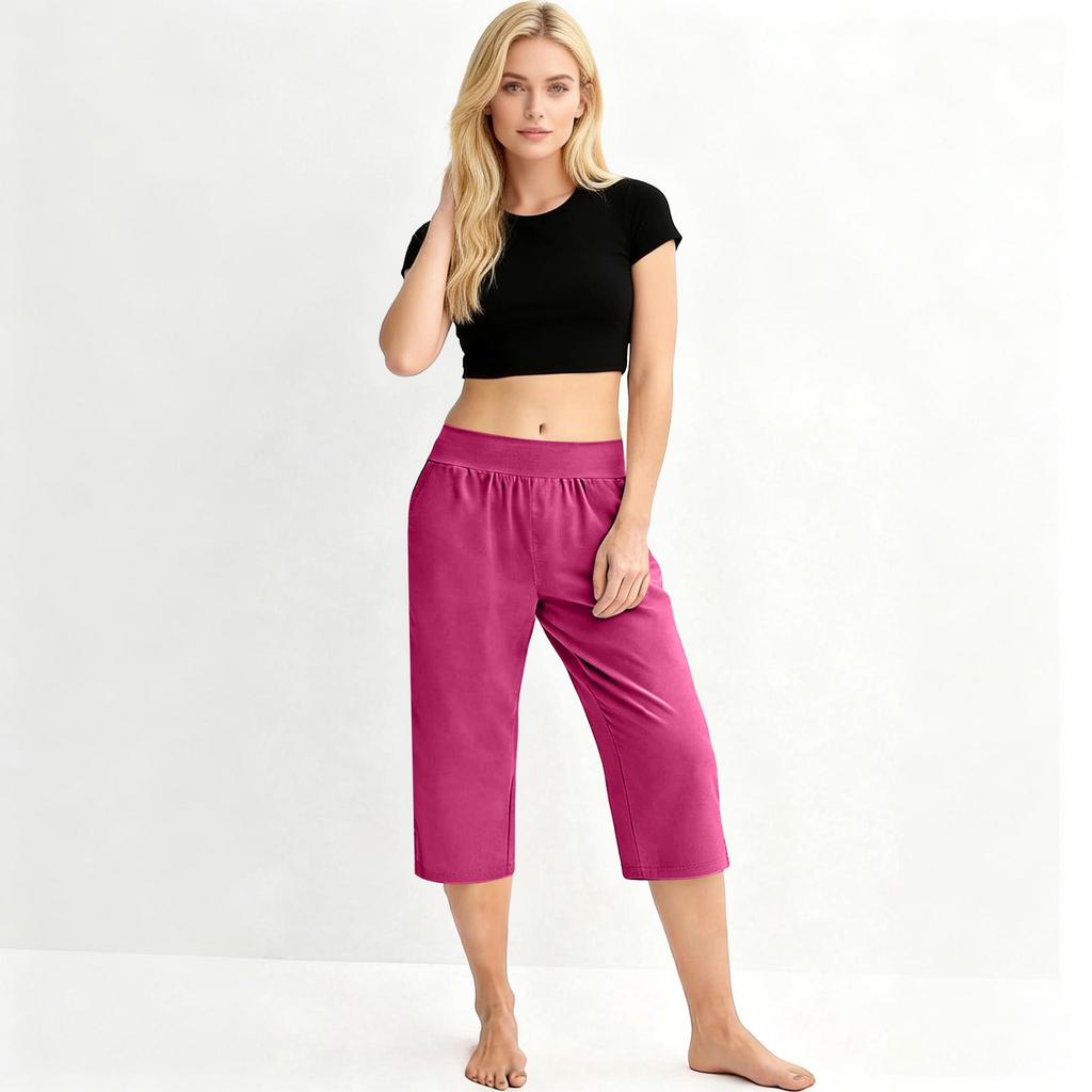 Women Elastic High Waist 3/4 Pant Casual Fit Wide Capris Leg Pants Trousers With Pockets