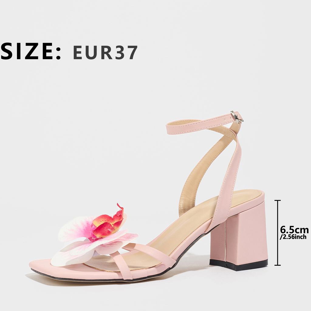 Women's square head three-dimensional flower solid color thick heel sandals women's shoes gorgeous fashion pink high heels