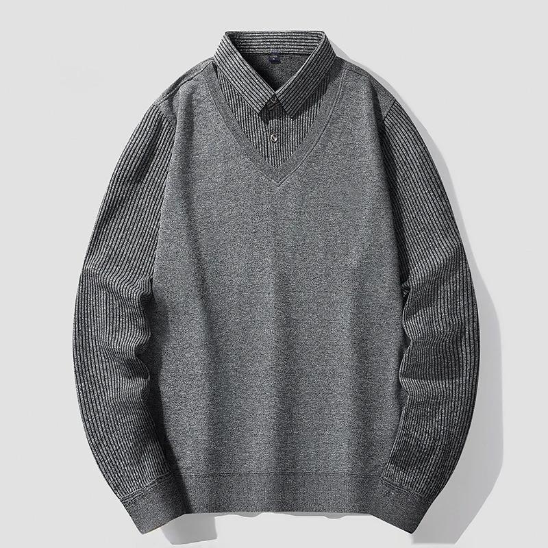 

Осень Зима Мужской Пуловер Пэчворк Мужской Среднего Возраста Молодежный Свитера Мужской Воротник Поло Имитация Двойки Трикотаж Базовая Рубашка Мужской Свитер XXXL серый