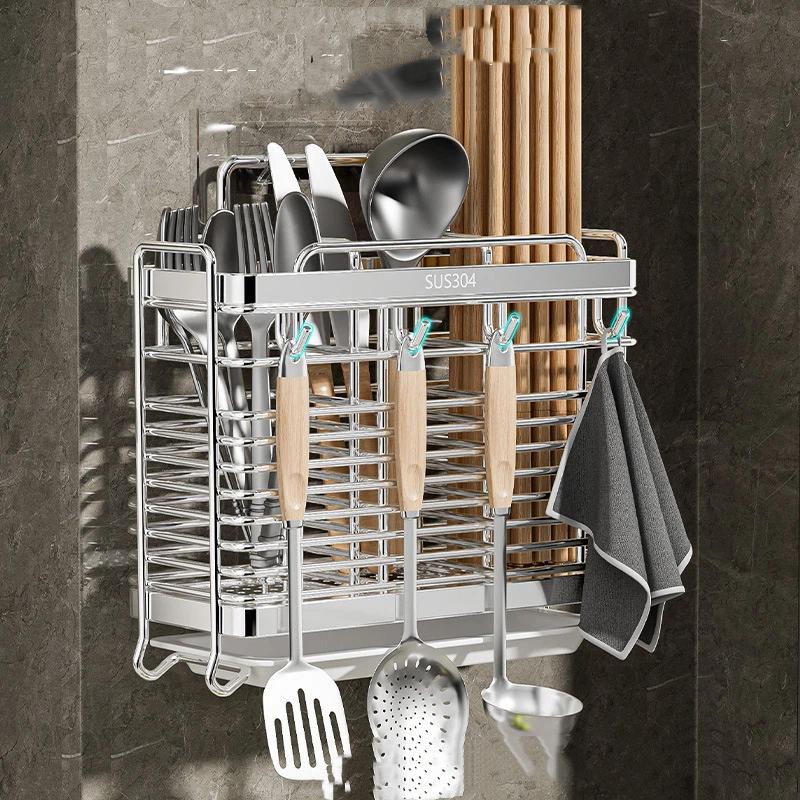 Chopsticks Holder Wall-mounted 304 Stainless Steel Kitchen Chopsticks Cage Desktop Chopsticks Bucket Mold-proof Draining Storage Chopsticks Basket
