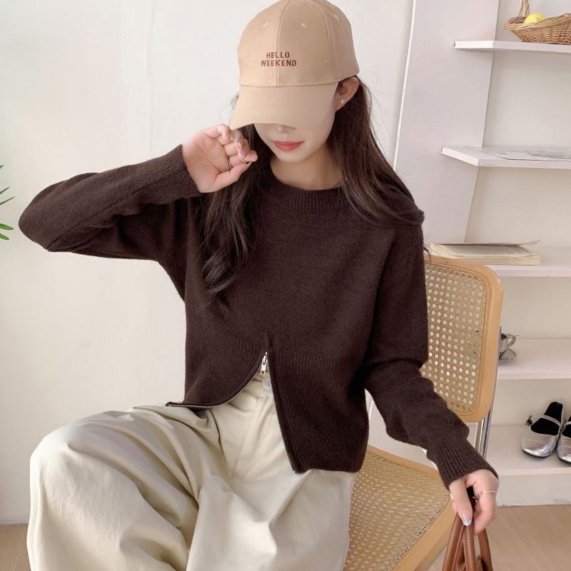 Autumn and winter new round neck long-sleeved soft waxy hem split design sense small pullover femininity casual top outer wear