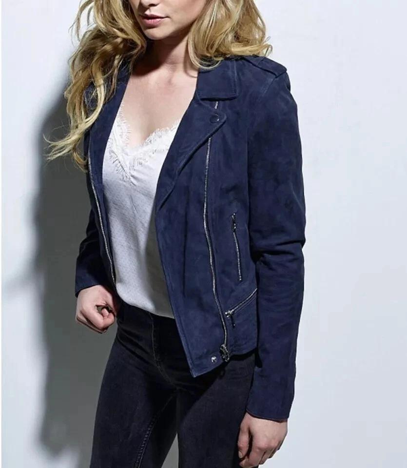 Navy Blue Women's Handmade Casual Biker Soft Lambskin Suede Leather Jacket Stylish