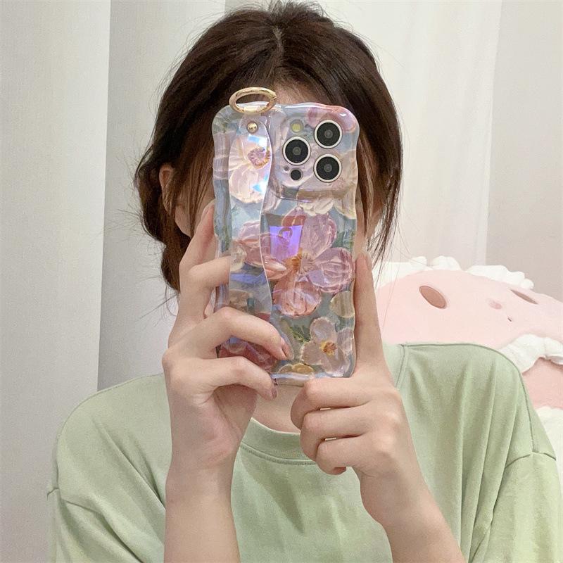 Blue Floral Oil Painting Phone Case with Wrist Strap for iPhone 15 Pro Max and Apple 14 Pro