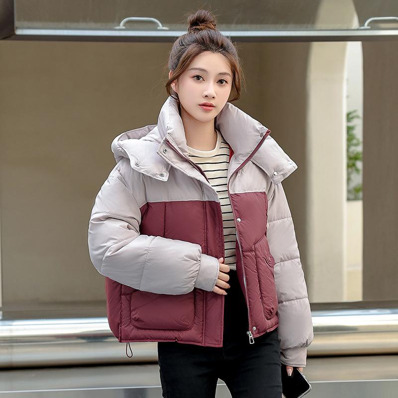 

Winter new fashionable versatile small man splicing contrasting colors short hooded warm cotton clothes women s coat L