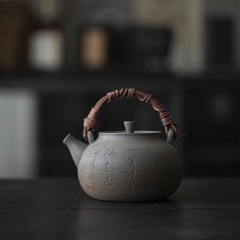 Chinese retro handmade wood fired teapot with lifting beam, tea maker, charcoal stove, boiling water kettle