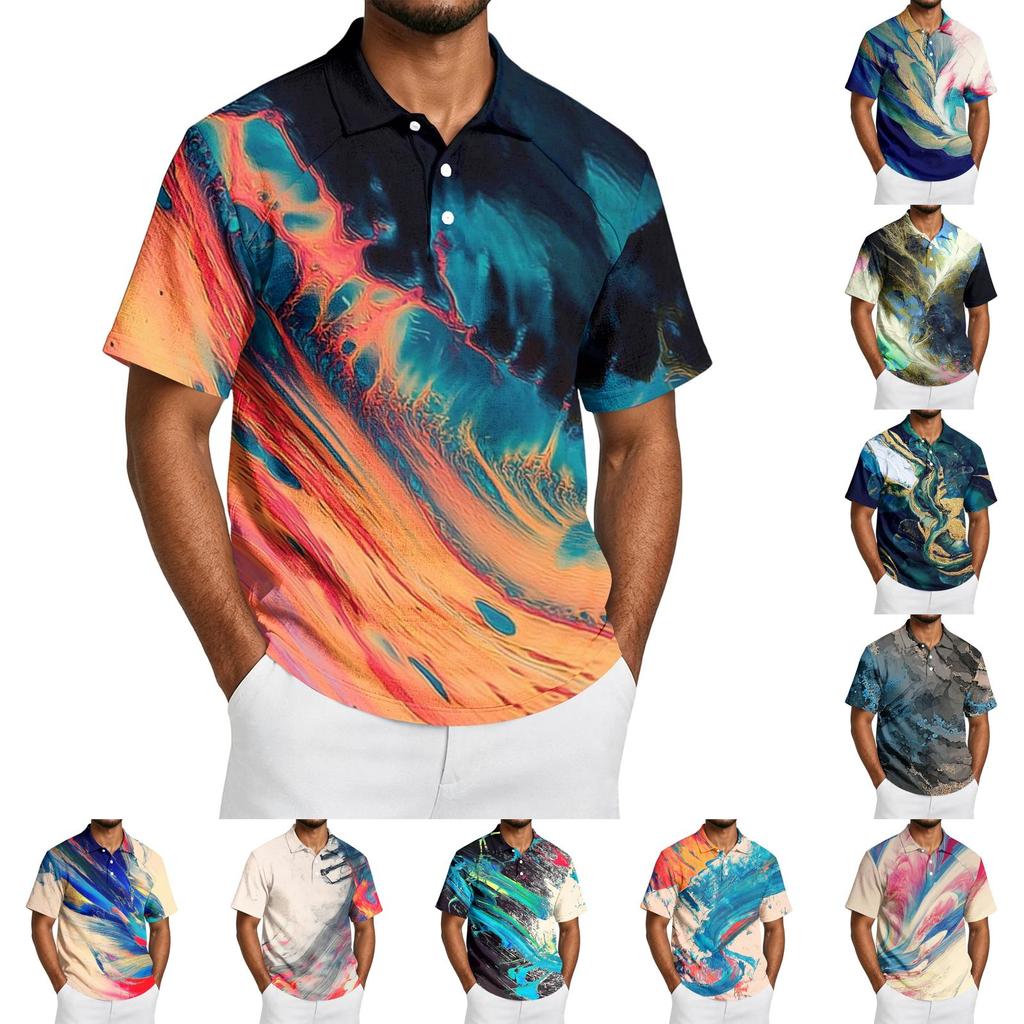 Men Short Sleeve Polo Shirt Lightweight Cotton Linen Breathable Gradient Print Casual Lapel Top for Summer Outfits