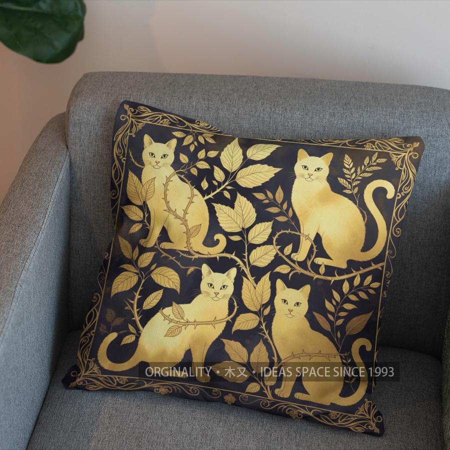 2D Golden Cat & Leaves Patterned Pillow Cover Pattern Cushion Cover Suitable For Sofa Bedroom Car Pillow Cover