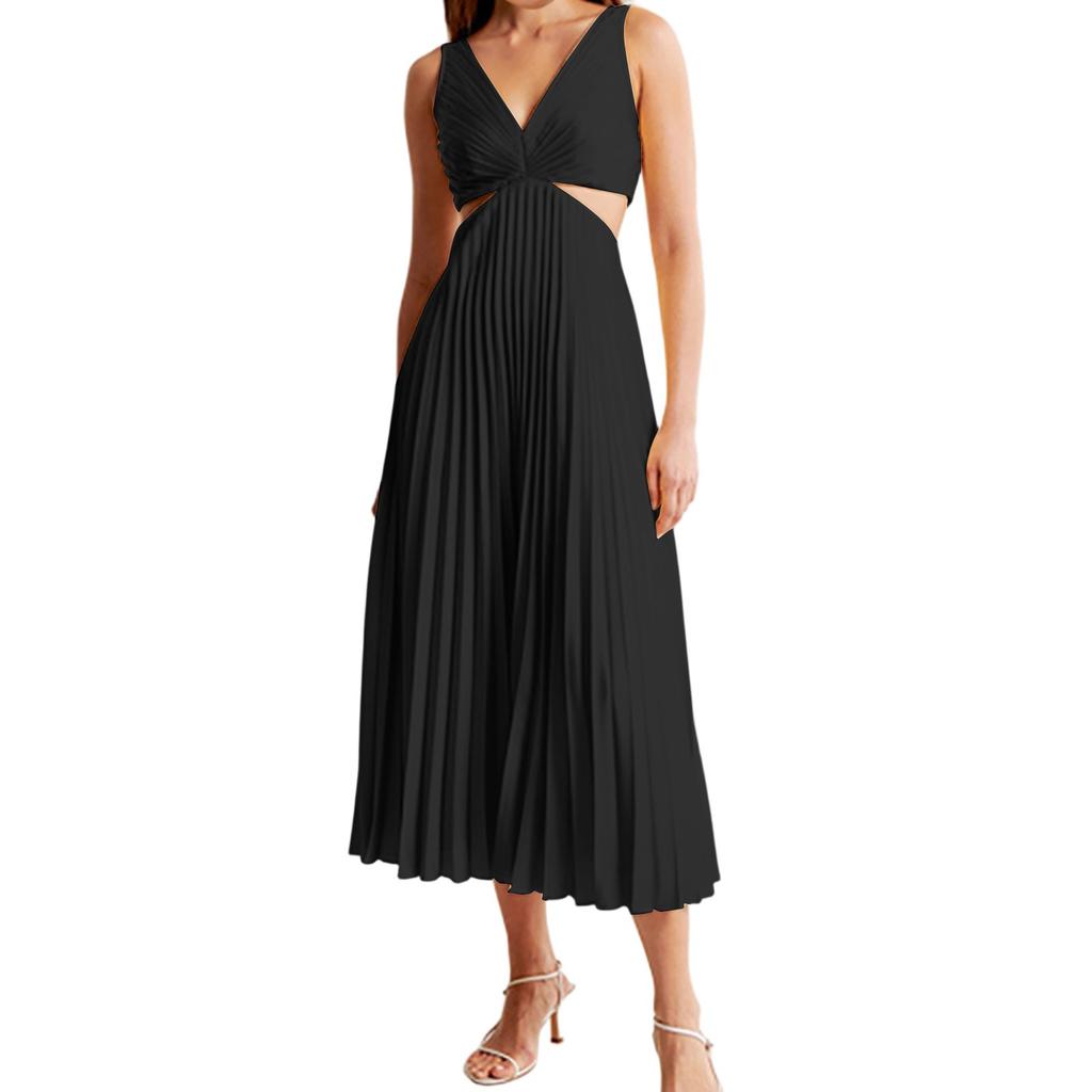 Ladies' Summer Fashionable And Elegant V-neck Sleeveless Hollow Out Backless Solid Color Pleated Dress
