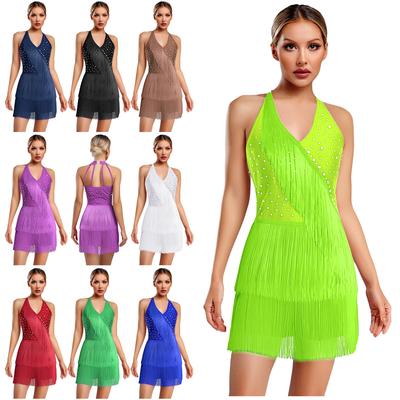 S-3XL Women Dance Bodysuit Halter Neck with Rhinestones Fringed Back Latin Tango Salsa Jazz Performance Costume Leotard