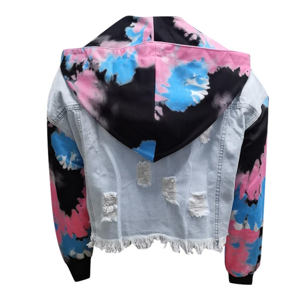 Women's Color Blocking Tie Dyed Denim Hole Tassel Long Sleeved Denim Jacket