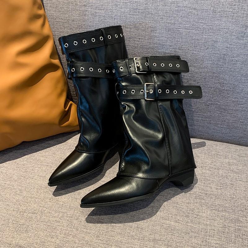 European and American sexy babes high-heeled short boots women's 2025 autumn and winter new belt buckle rivets square head wedge trouser tube boots