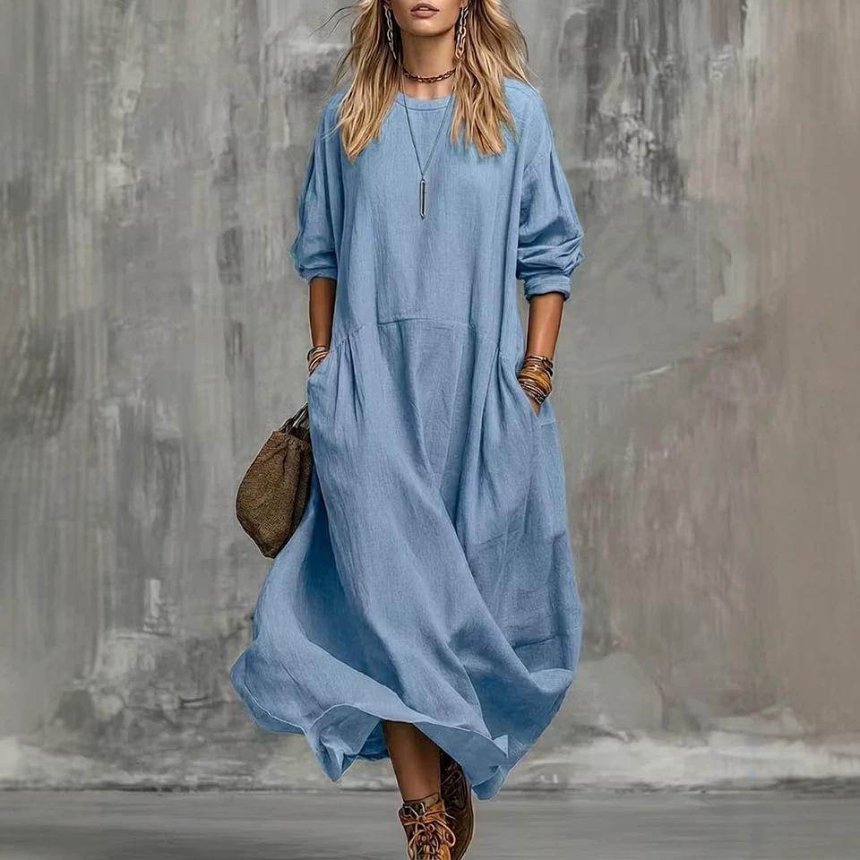 European and American autumn solid color casual vacation style round neck long sleeve pocket cotton and linen blend dress