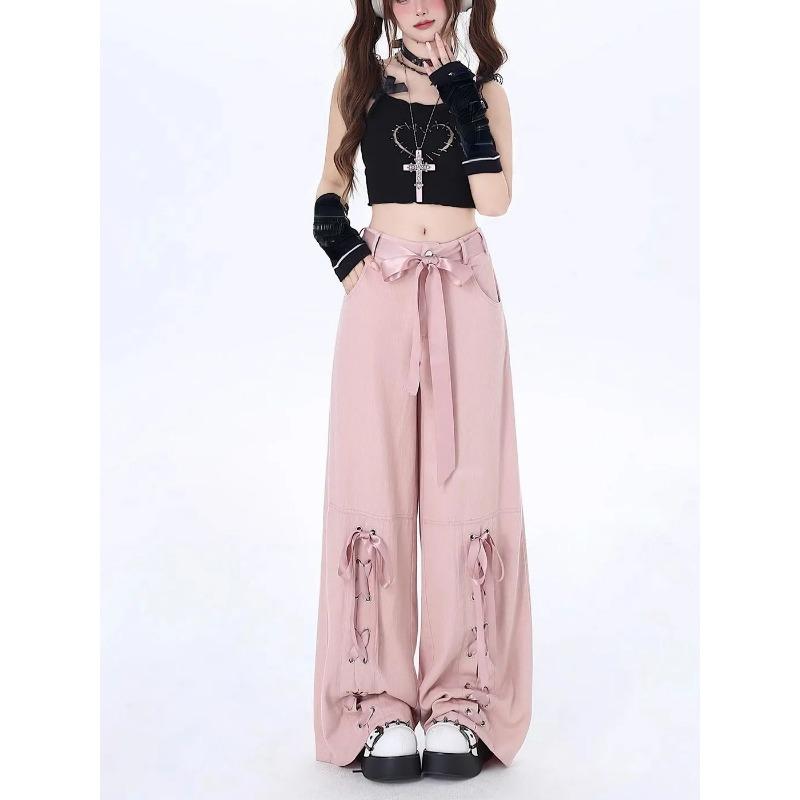 Women Lace-up Pink Jeans Baggy Harajuku 90s Aesthetic Denim Trousers Y2k Oversize Wide Cowboy Pants Vintage 2000s Trashy Clothes