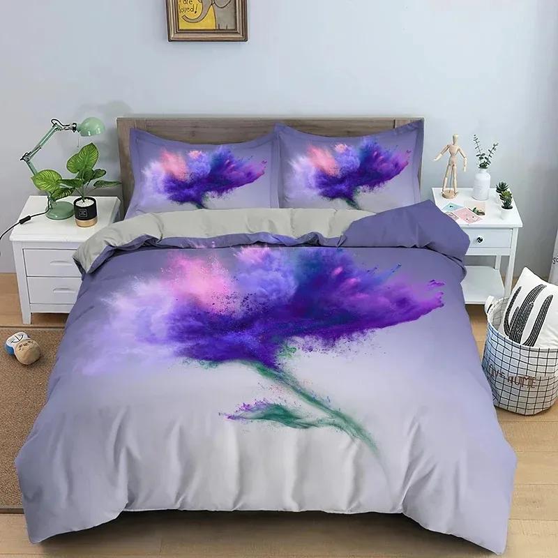 Blühende Blumen King Queen Bettbezug Rote Granatapfelblüte Bettwäscheset für Frauen Lieblich Floral 2/3-teilig Polyester Steppdeckenbezug