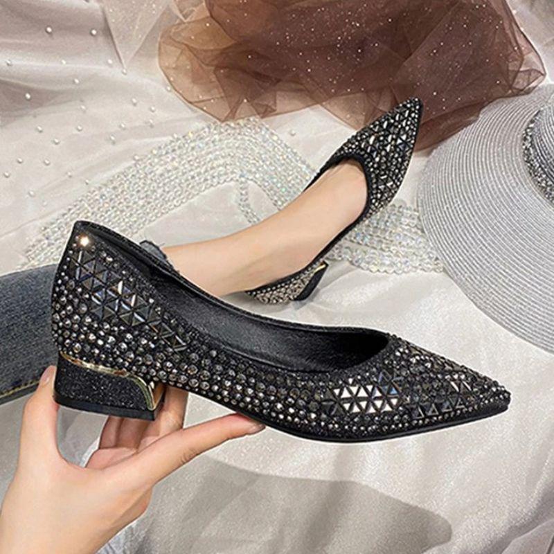 Women's 2024 Diamond-Studded Pointed Toe Chunky Heel Shoes for Spring & Autumn - Soft Bottom Wedding Shoes, Versatile Fairy Style, Large Sizes