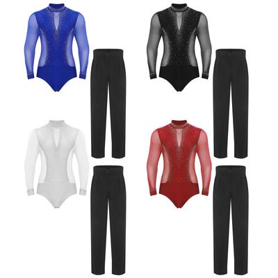 Herren Latein Tanzkostüm Stehkragen Langarm Glänzende Strasssteine Mesh Body High Waist Hose Chacha Set