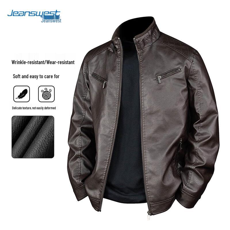 JEANSWEST Men's Stand Collar PU Leather Jacket