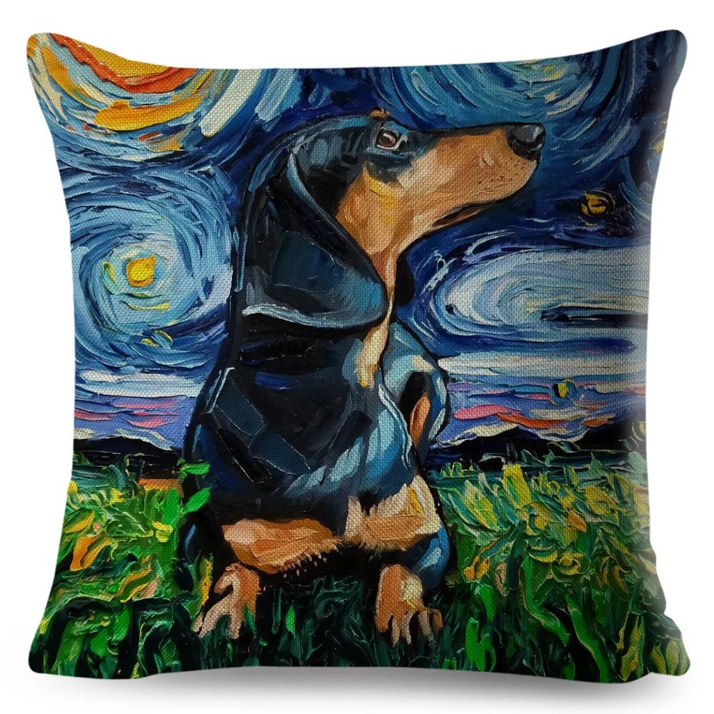 Both Sided Starry Sky Dog Cushion Cover Decor Oil Painting Cartoon Pet Animal Pillow Case for Sofa Home  Linen Pillowcase