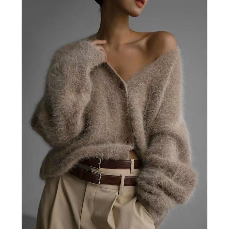 

Lazy wind V-neck imitation mink fleece sweater jacket women s autumn and winter new furry versatile knitted cardigan S/within 40kg хакі