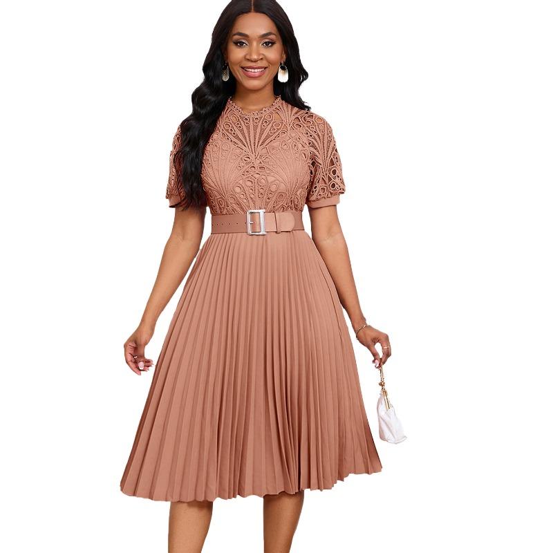 Women's New Short-sleeved Lace Splicing Pleated African Dress Dress Dress