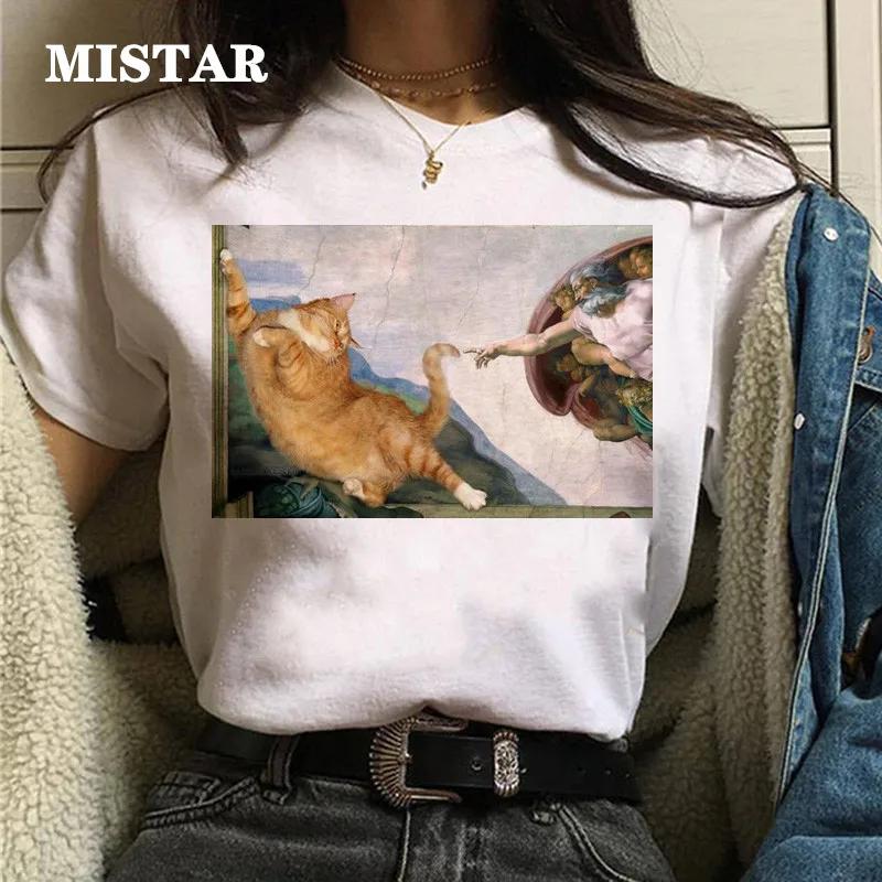 T-shirts Women Cat Oil Painting Printed Funny Graphic Tee Shirt Summer Short Sleeve Casual White Tops Harajuku Clothing