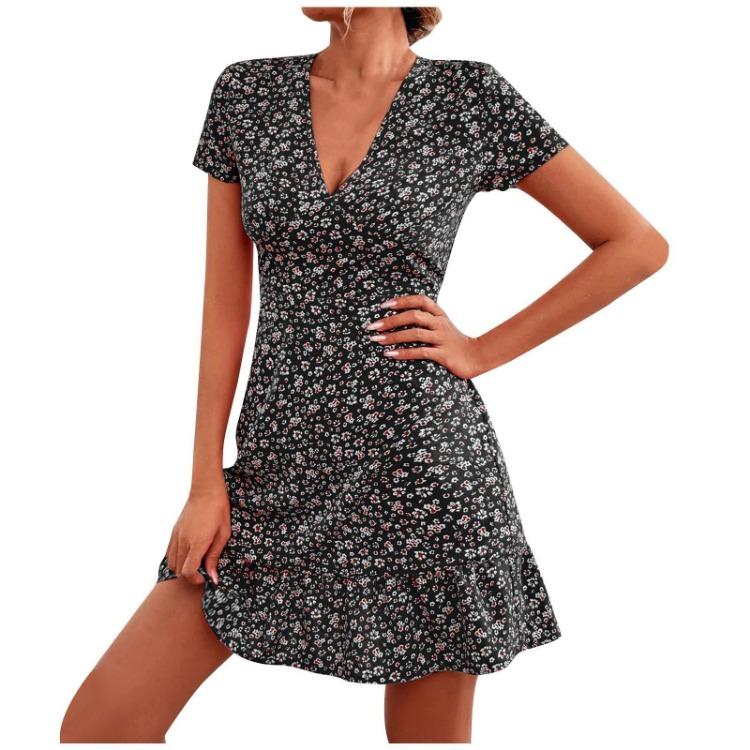 Women Casual Summer Sexy Floral Print V-neck Short Skirt Dress