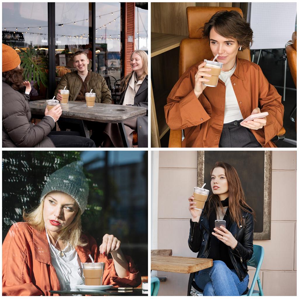 4 Pcs 16 Oz Iced Coffee Cups Ripple Glass Drinking Tea Juice Cup With Lids Straws Ribbed Clear Glasses Cups Reusable Water Glass