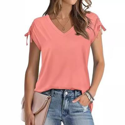 Camiseta de Verano con Mangas Cortas para Mujer, Cuello en V, con Cordón