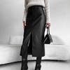 2024 Autumn and Winter European and American Retro Velvet PU Leather Skirt Split-ended Design Women's Skirt