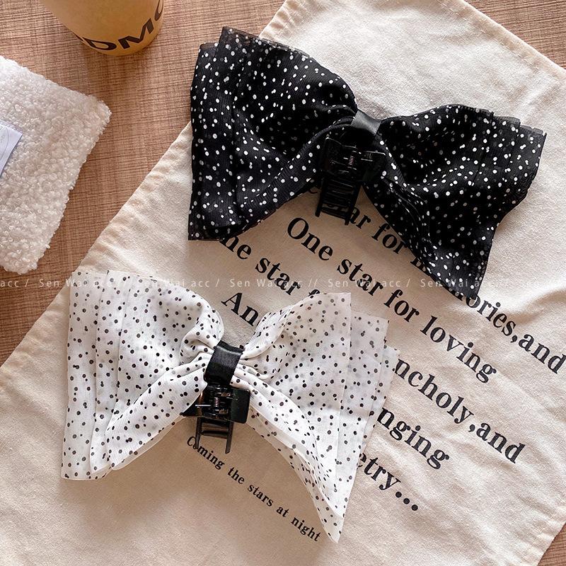 Korean polka dot three-layer mesh smart bow ponytail clip half tie hair back head shark clip clip hair jewelry