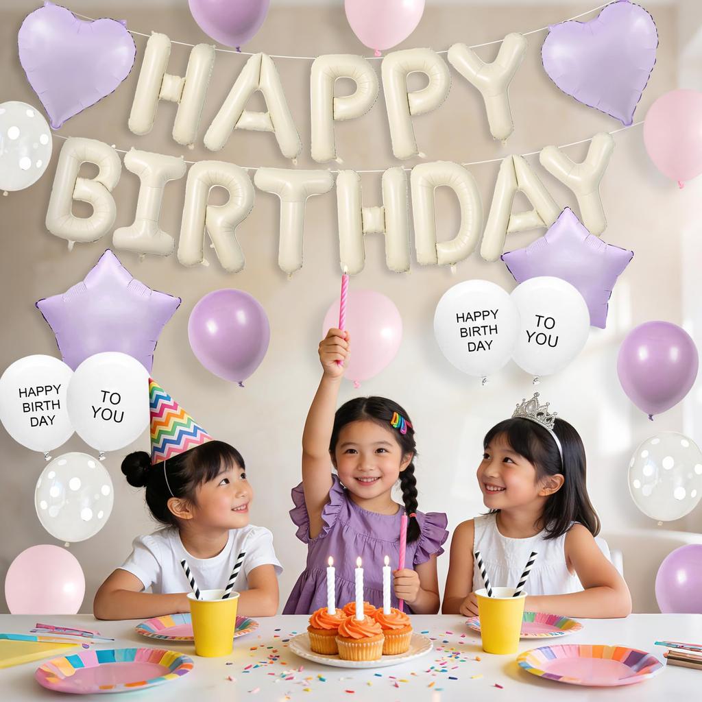 Lausatek Birthday Balloon Decoration Set Balloons Garland 'HAPPY BIRTHDAY' Letters Heart Star Clear Dot Decorations Kids Boys Girls Muted White Purple
