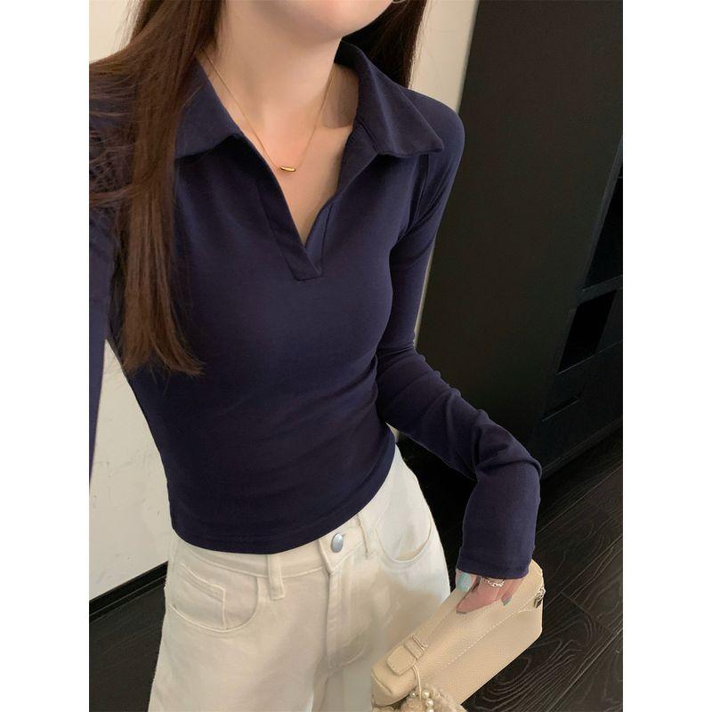 Kumikumi Gyaru Style Polo Collar Solid Long sleeves Shirt Women clothes Autumn Chic Age-Reducing Slimming Slim fit Top