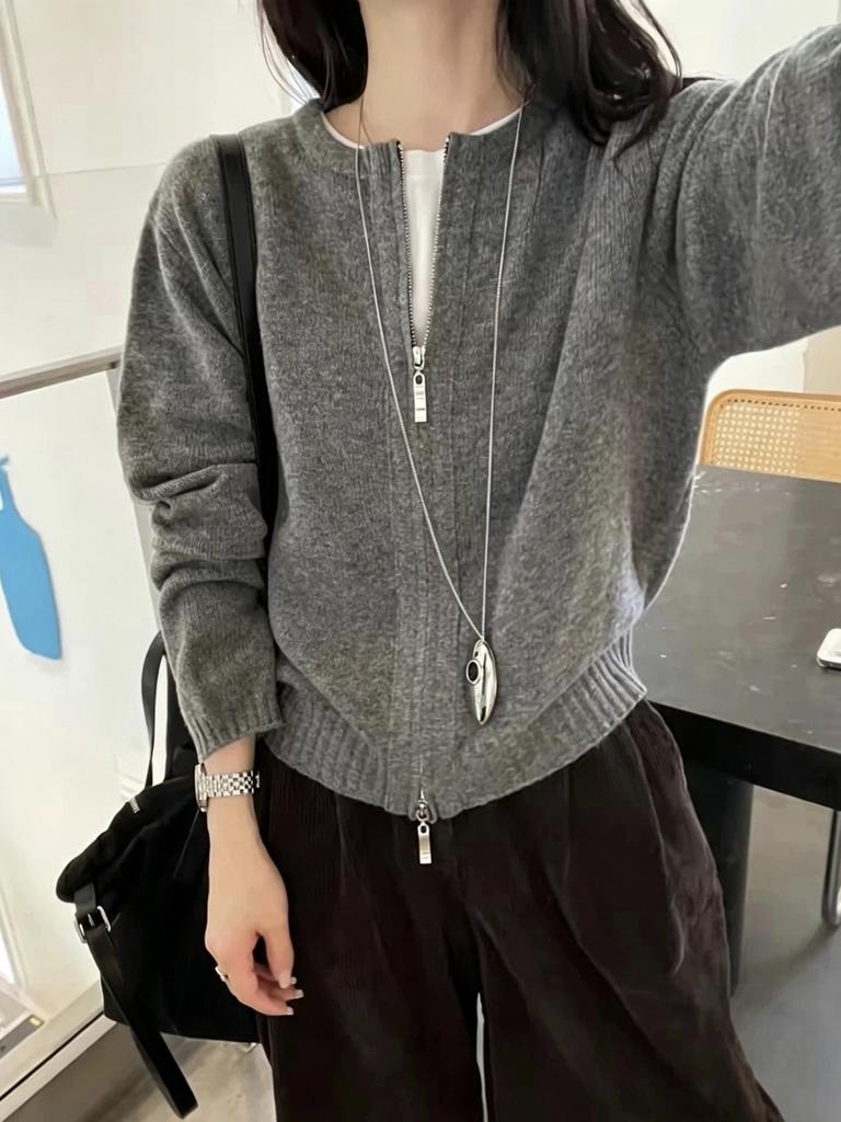 2026 Autumn/Winter Pure Wool Loose Long Sleeve Double Zipper Cardigan Sweater