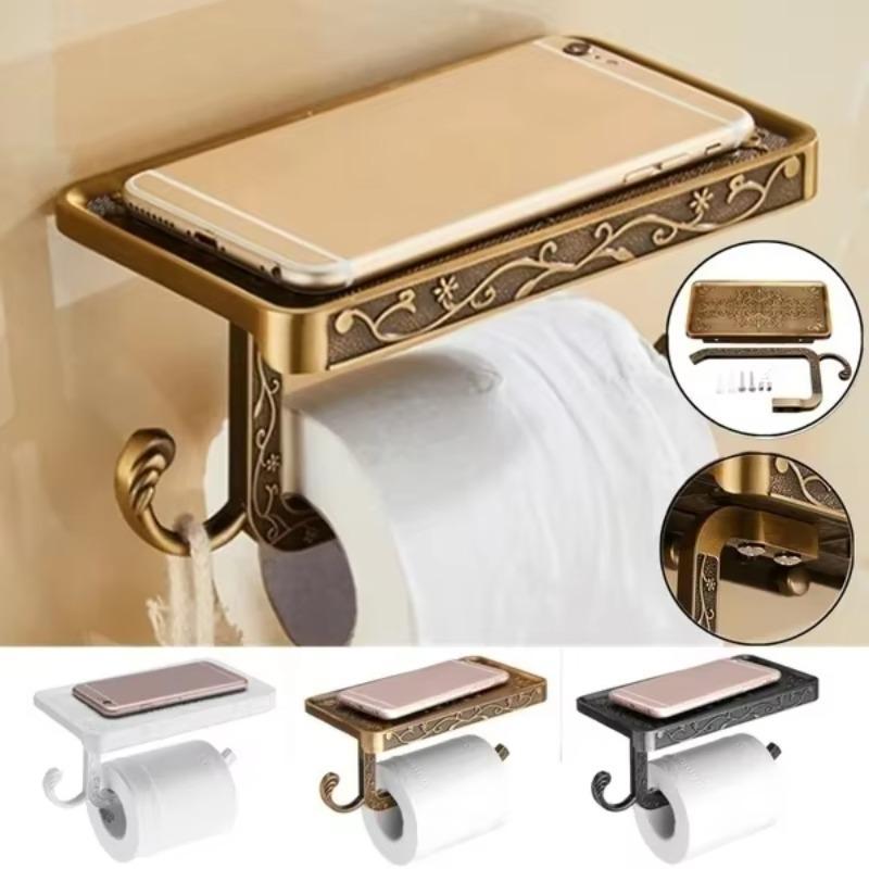 2025 New Bathroom Towel Rack Toilet Paper Holder Box Antique Carved Zinc Alloy Bathroom Paper Mobile Phone Holder with Shelf